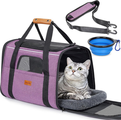 Cat Carrier - Cat Carrier Soft for Medium or Large Cats up to 20Lbs, with Dual-Sided Cushion, Secure Buckle and Foldable Bowl, Dog Carriers for Small Dogs - Pet Carrier (Dark Gray)