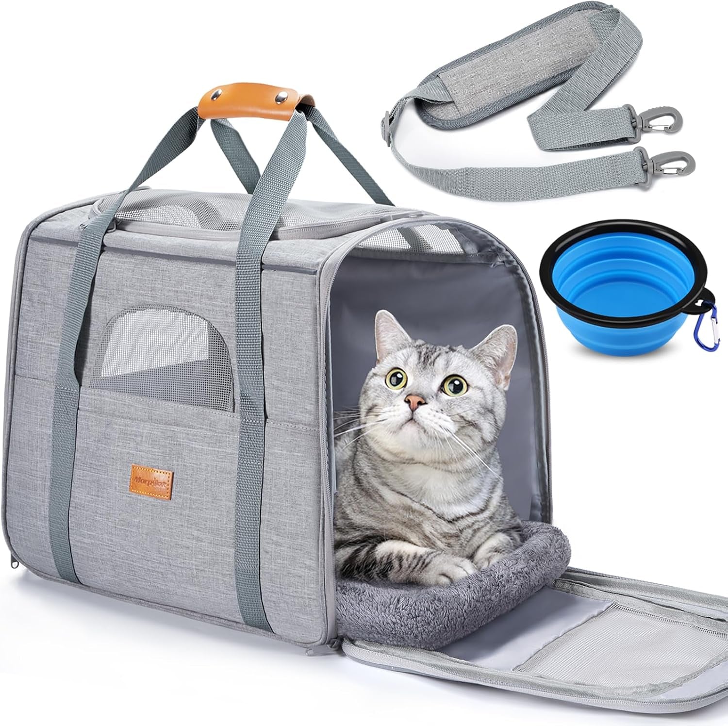 Cat Carrier - Cat Carrier Soft for Medium or Large Cats up to 20Lbs, with Dual-Sided Cushion, Secure Buckle and Foldable Bowl, Dog Carriers for Small Dogs - Pet Carrier (Dark Gray)