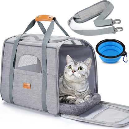 Cat Carrier - Cat Carrier Soft for Medium or Large Cats up to 20Lbs, with Dual-Sided Cushion, Secure Buckle and Foldable Bowl, Dog Carriers for Small Dogs - Pet Carrier (Dark Gray)