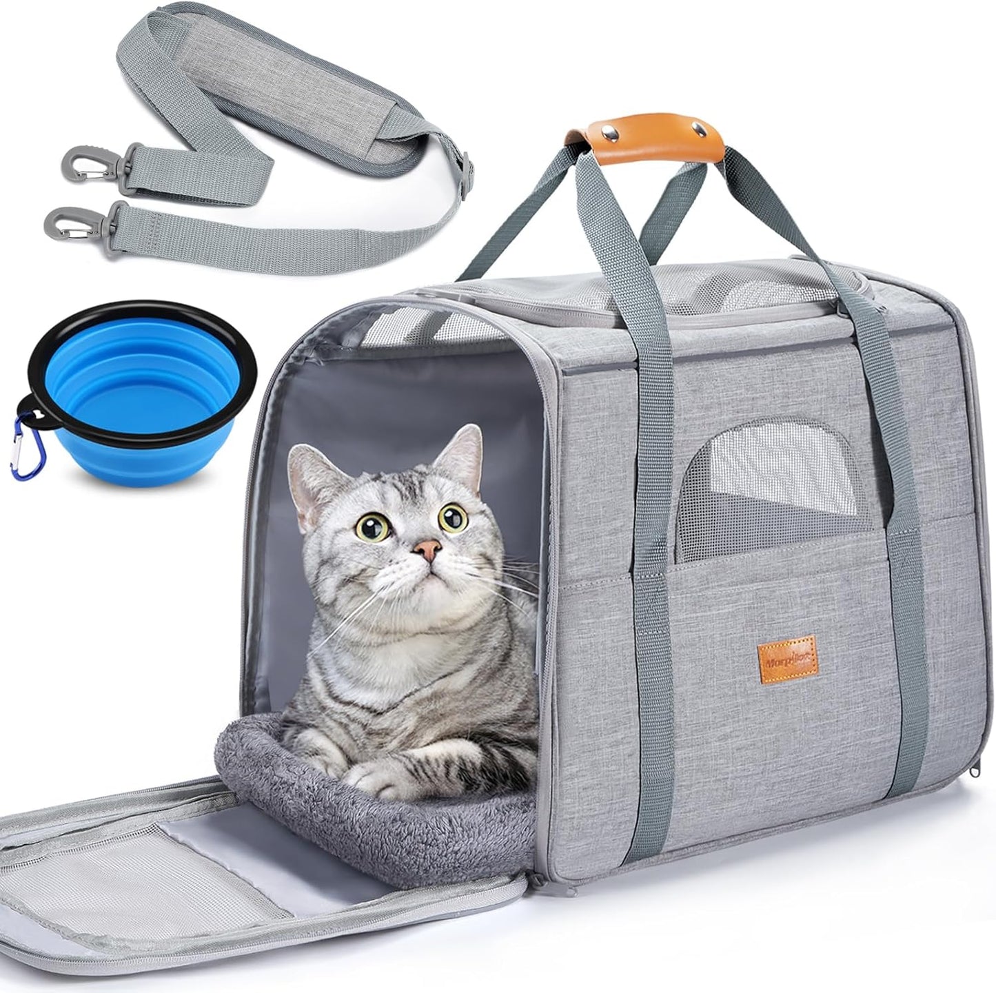Cat Carrier - Cat Carrier Soft for Medium or Large Cats up to 20Lbs, with Dual-Sided Cushion, Secure Buckle and Foldable Bowl, Dog Carriers for Small Dogs - Pet Carrier (Dark Gray)