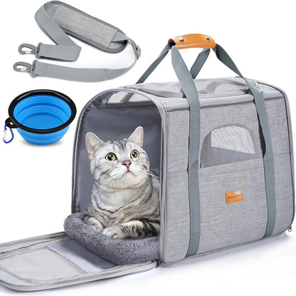 Cat Carrier - Cat Carrier Soft for Medium or Large Cats up to 20Lbs, with Dual-Sided Cushion, Secure Buckle and Foldable Bowl, Dog Carriers for Small Dogs - Pet Carrier (Dark Gray)