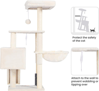 Cat Tree with Cat Self Groomer Brush, Cat Tower Condo for Indoor Cats with Padded Plush Perch, Cat House with Basket Scratching Board Post, Beige HCT005SM