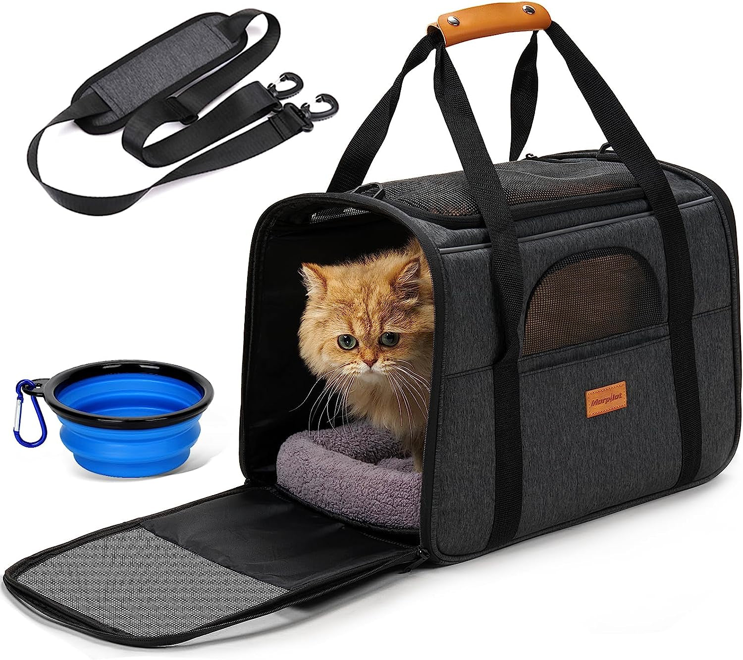Cat Carrier - Cat Carrier Soft for Medium or Large Cats up to 20Lbs, with Dual-Sided Cushion, Secure Buckle and Foldable Bowl, Dog Carriers for Small Dogs - Pet Carrier (Dark Gray)
