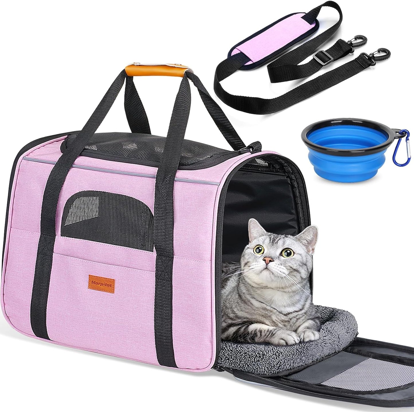 Cat Carrier - Cat Carrier Soft for Medium or Large Cats up to 20Lbs, with Dual-Sided Cushion, Secure Buckle and Foldable Bowl, Dog Carriers for Small Dogs - Pet Carrier (Dark Gray)