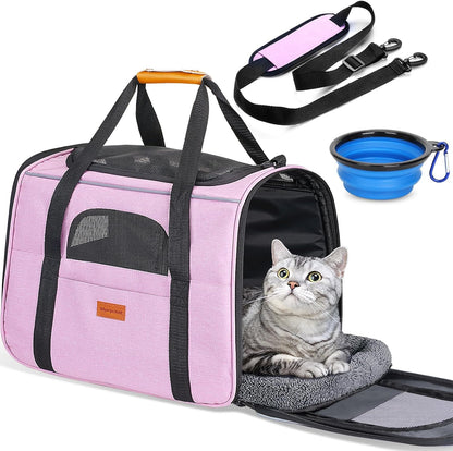 Cat Carrier - Cat Carrier Soft for Medium or Large Cats up to 20Lbs, with Dual-Sided Cushion, Secure Buckle and Foldable Bowl, Dog Carriers for Small Dogs - Pet Carrier (Dark Gray)