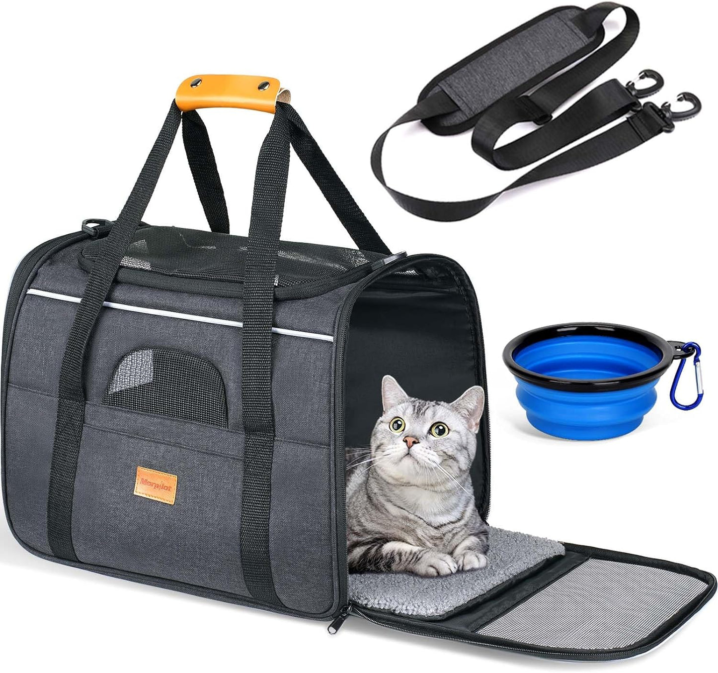 Cat Carrier - Cat Carrier Soft for Medium or Large Cats up to 20Lbs, with Dual-Sided Cushion, Secure Buckle and Foldable Bowl, Dog Carriers for Small Dogs - Pet Carrier (Dark Gray)