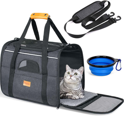 Cat Carrier - Cat Carrier Soft for Medium or Large Cats up to 20Lbs, with Dual-Sided Cushion, Secure Buckle and Foldable Bowl, Dog Carriers for Small Dogs - Pet Carrier (Dark Gray)